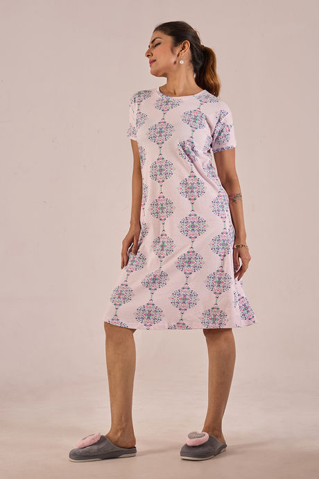 Sweet Moon Knit Cotton Mid Length Nightdress - Blush Pink — image 4
